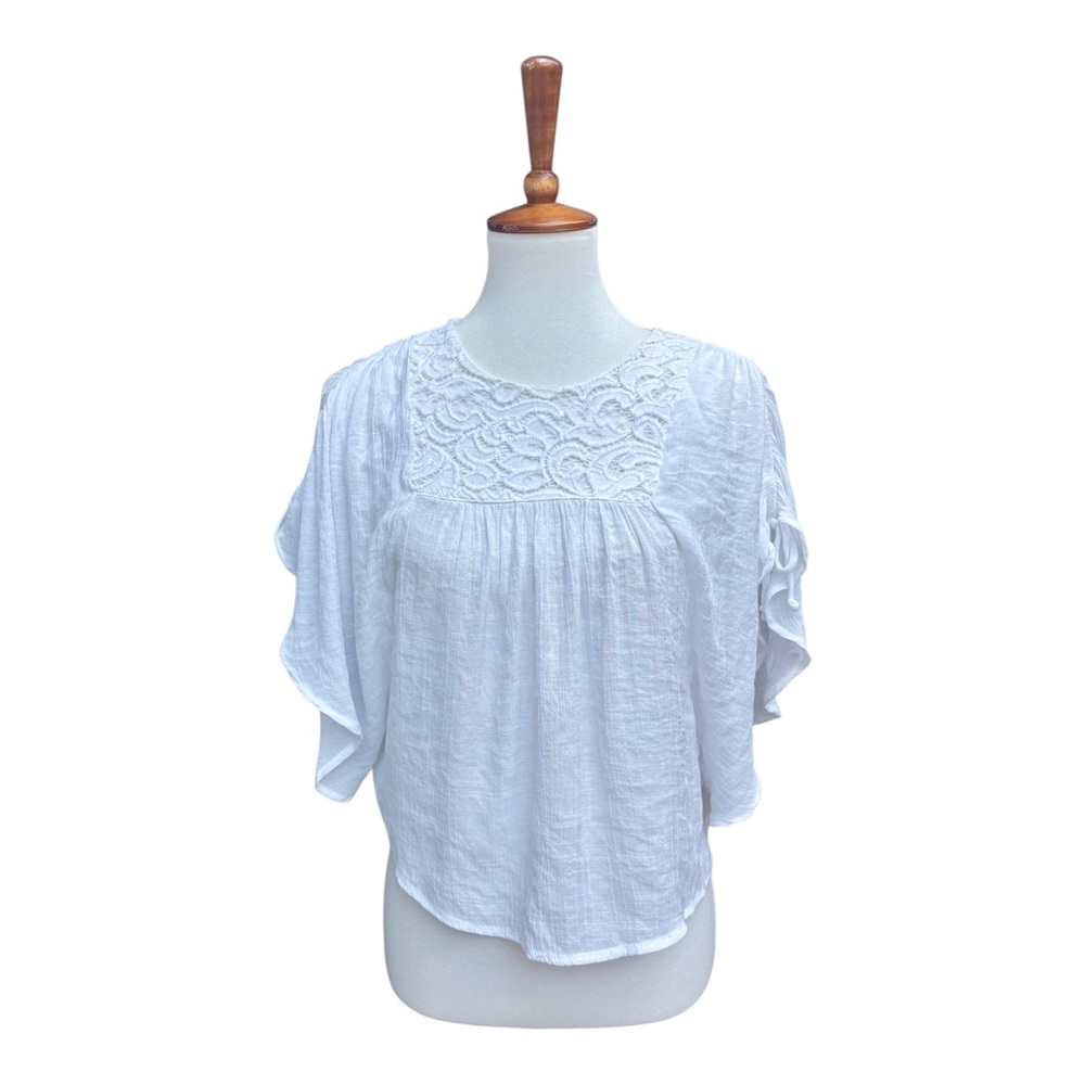 White Gauzy Flowy Semi Sheer Boho Beach Top With Lace Details & Flutter Sleeves
